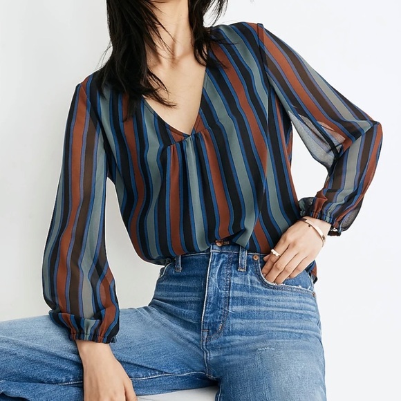 MADEWELL 70’s Vibe V-Neck Top with vertical Striping. Size XS - Picture 1 of 12